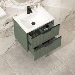 Royal Bathrooms Evora 600mm Sage Green Fluted Wall Hung Bathroom Vanity Unit 2 Drawer Cabinet Storage With Stone Basin & Matt Black Handles - thumbnail 3