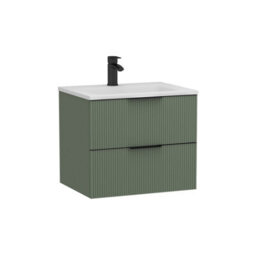 Royal Bathrooms Evora 600mm Sage Green Fluted Wall Hung Bathroom Vanity Unit 2 Drawer Cabinet Storage With Stone Basin & Matt Black Handles - thumbnail 7