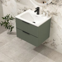 Royal Bathrooms Evora 600mm Sage Green Fluted Wall Hung Bathroom Vanity Unit 2 Drawer Cabinet Storage With Stone Basin & Matt Black Handles - thumbnail 4
