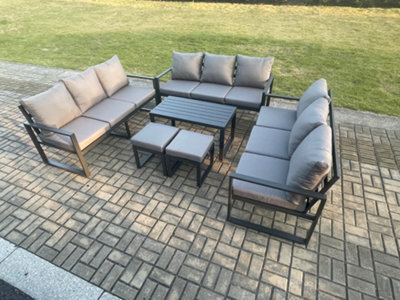 Fimous Aluminium 11 Seater Outdoor Garden Furniture Set Lounge Sofa 2 Small Footstools Sets With Cushions Dark Grey - image 1
