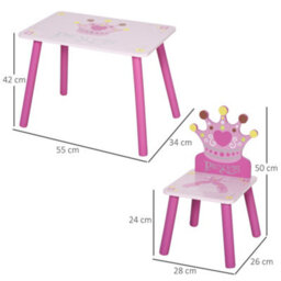 Homcom 3 Pcs Kids Princess & Crown Chair Table Set Home Furniture 2-4 Yrs Pink - thumbnail 3