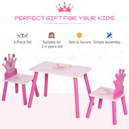Homcom 3 Pcs Kids Princess & Crown Chair Table Set Home Furniture 2-4 Yrs Pink - thumbnail 6