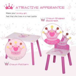 Homcom 3 Pcs Kids Princess & Crown Chair Table Set Home Furniture 2-4 Yrs Pink - thumbnail 7