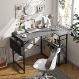 Huhote 100X70X75 Cm Grey L Shaped Computer Desk With Storage Bag Two Shelves For Home Office Gaming Writing - thumbnail 3