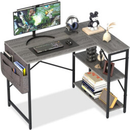 Huhote 100X70X75 Cm Grey L Shaped Computer Desk With Storage Bag Two Shelves For Home Office Gaming Writing - thumbnail 2
