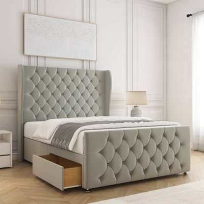 Bsspoke Anna Divan Bed Set Silver Plush Velvet With 54Inch Headboard & Footboard 2 Drawers Footend & Mattress In All Sizes - image 1