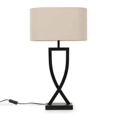Valuelights Katniss Large Black Metal Bedside Table Lamp With An Oatmeal Oval Fabric Lampshade - image 1