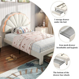 Merax 3Ft Double Upholstered Bed 90 X 190 Cm, Velvet Bed With Shell Headboard, Led Lights And Storage Drawers, Beige - thumbnail 6