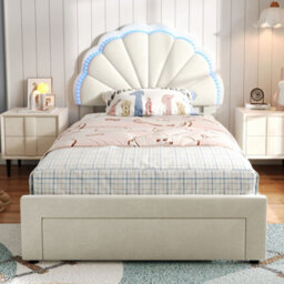 Merax 3Ft Double Upholstered Bed 90 X 190 Cm, Velvet Bed With Shell Headboard, Led Lights And Storage Drawers, Beige - thumbnail 2