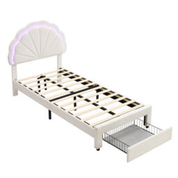 Merax 3Ft Double Upholstered Bed 90 X 190 Cm, Velvet Bed With Shell Headboard, Led Lights And Storage Drawers, Beige - thumbnail 8