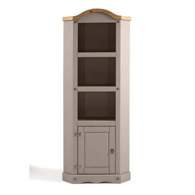 Mercers Furniture Corona Grey Wax Corner Display Unit 1 Door 3 Shelf Bookcase Open Storage Solid Wood Pine Wooden Painted Mexican - image 1
