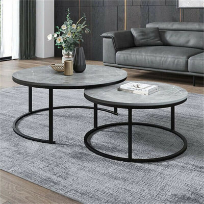Set Of 2 Round Nesting Coffee Table Compact Stacking Side Tables Space Saving - image 1
