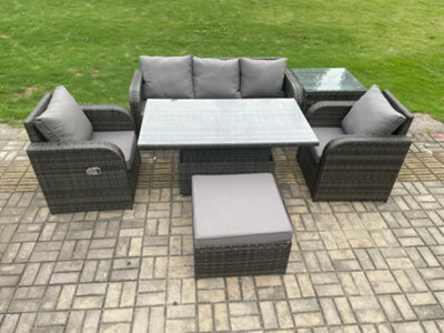 Fimous Wicker Pe Rattan Outdoor Garden Furniture Set Adjustable Rising Lifting Dining Table With Armchair Footstool - image 1