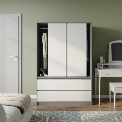 Urbn-Living Urbnliving 180Cm Height Grey Carcass 3 Sliding White Door With 4 White Drawer Wardrobe Clothes Storage Hanging Rail Bedroom - image 1