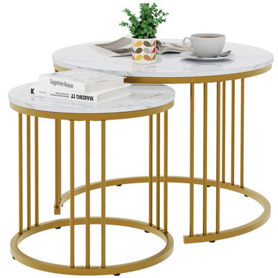 Huhote Elegant Nesting Coffee Tables 2 Set With Gold Frame And White Marble Top Side Table End Table For Home Balcony Office - image 1