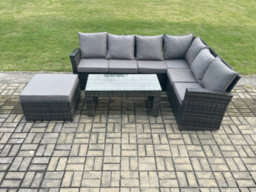 Fimous Rattan Corner Sofa Garden Furniture Set With Big Footstool Rectangular Coffee Table With Cushion Dark Grey Mixed - thumbnail 2