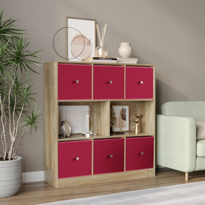 Urbn-Living Urbnliving Asymmetrical 8 Cube Bookcase Shelf Storage Unit W/ 6 Fabric Drawer Inserts (Oak+Fuchsia) - image 1
