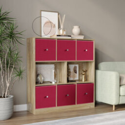 Urbn-Living Urbnliving Asymmetrical 8 Cube Bookcase Shelf Storage Unit W/ 6 Fabric Drawer Inserts (Oak+Fuchsia)