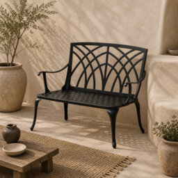 Wyld Haus Elsu 2-Seater Outdoor Garden Bench - Black Cast Aluminium Matt Antique Finish, L95 X D54 X H88Cm