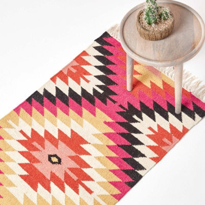Homescapes Jakarta Handwoven Pink, Orange And Yellow Multi Coloured Geometric Pattern Kilim Wool Rug, 66 X 200 Cm - image 1