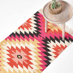 Homescapes Jakarta Handwoven Pink, Orange And Yellow Multi Coloured Geometric Pattern Kilim Wool Rug, 66 X 200 Cm - thumbnail 1