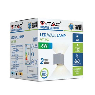 V-Tac Vt217080 6W Led Wall Light Up-Down With Bridgelux Chip Grey Square 3000K