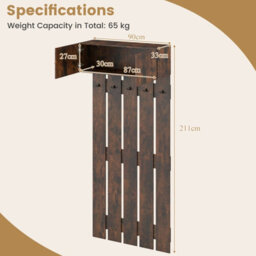 Gainoom Entryway Wall Brown Coat Rack Wall Mounted Coat Clothes Rack - thumbnail 2