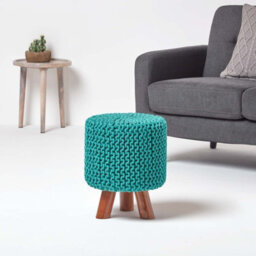 Homescapes Teal Green Tall Cotton Knitted Footstool On Legs - thumbnail 2