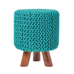 Homescapes Teal Green Tall Cotton Knitted Footstool On Legs - thumbnail 1