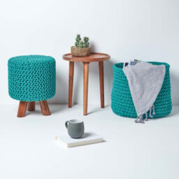 Homescapes Teal Green Tall Cotton Knitted Footstool On Legs - thumbnail 6