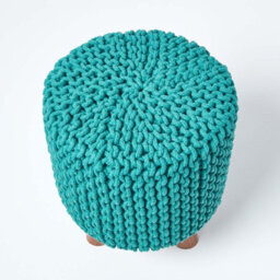 Homescapes Teal Green Tall Cotton Knitted Footstool On Legs - thumbnail 3