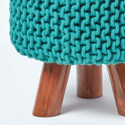 Homescapes Teal Green Tall Cotton Knitted Footstool On Legs - thumbnail 4