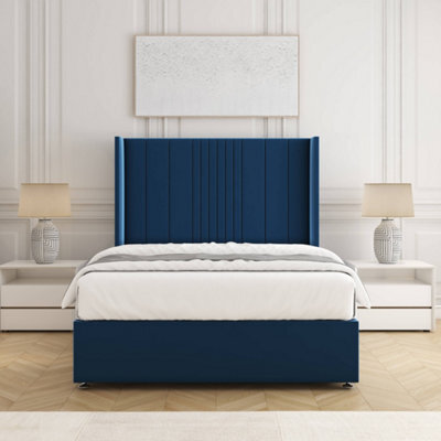 Bsspoke Charlotte Divan Bed Set Blue Plush Velvet 54Inch Wingedback Panel Headboard & Mattress No Drawers In All Sizes - image 1