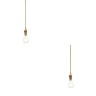 Loops Stylish 2 Pack Hanging Ceiling Pendant Lights In Brushed Aged Brass With Green Fabric Cord - image 1
