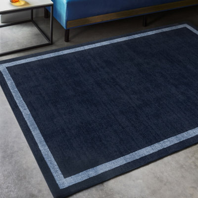 Blue Plain Handmade Bordered 7mm Thick Stain-Resistant Rug For Bedroom, & Dining Room, Wool Area Rug-160Cm X 230Cm - image 1