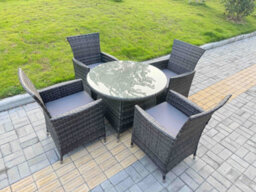 Fimous 5-Piece Pe Rattan Garden Furniture 4 Seater Garden Medium Round Table And Chairs For Patio Dark Grey Mixed - thumbnail 1
