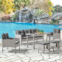 Home Detail Roma Wicker Style Garden Dining Set In Grey Footstools Sofa Chairs Table Black Glass Table Top - thumbnail 1
