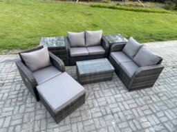 Fimous Rattan Garden Furniture Set With Loveseat Sofa Coffee Table 2 Side Tables Big Footstool Indoor Outdoor - thumbnail 2