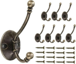 Vintage Wall Hooks, 8 Heavy Duty Metal Double Hooks For Hanging Clothes, Jackets, Bathrobes, Towels, Hats, Keys, Bronze - thumbnail 1