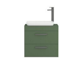 Royal Bathrooms Turin 600mm Wall Mounted Bathroom Vanity Unit With Sink 2 Drawer Matt Green & Qubix Countertop Basin - thumbnail 5