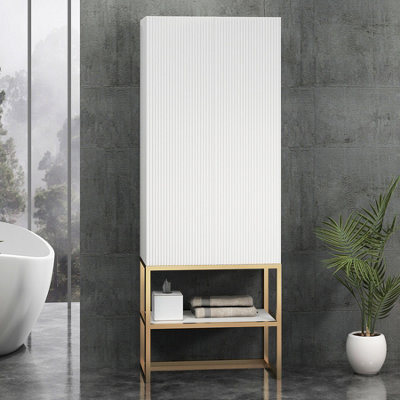 Royal Bathrooms Vienna 1600mm Matt White Push Open Doors Bathroom Tall Boy Unit With Brushed Brass Frame - image 1