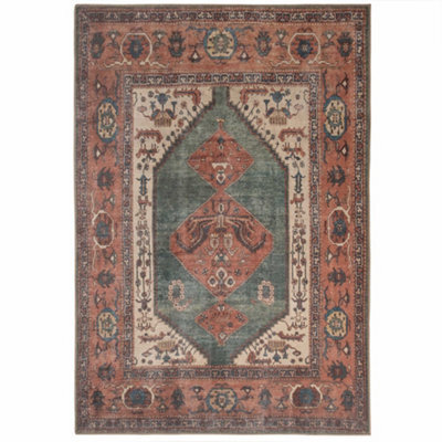 Loomed Distressed Terracotta Green Persian Style Washable Non Slip Rug 200X290Cm - image 1