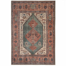 Loomed Distressed Terracotta Green Persian Style Washable Non Slip Rug 200X290Cm
