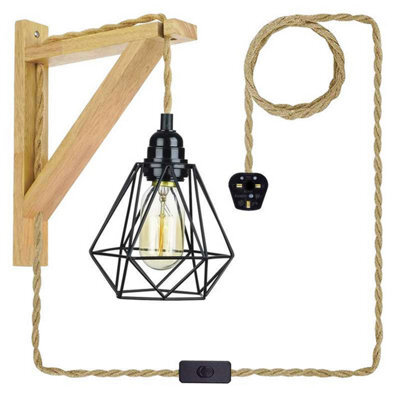 Retro Industrial Plug In Hemp Rope Wall Light Cord With Diamond Shade Wooden Bracket Lamp - image 1
