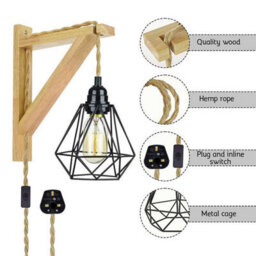 Retro Industrial Plug In Hemp Rope Wall Light Cord With Diamond Shade Wooden Bracket Lamp - thumbnail 3