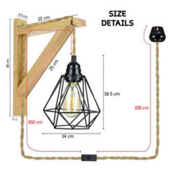 Retro Industrial Plug In Hemp Rope Wall Light Cord With Diamond Shade Wooden Bracket Lamp - thumbnail 2