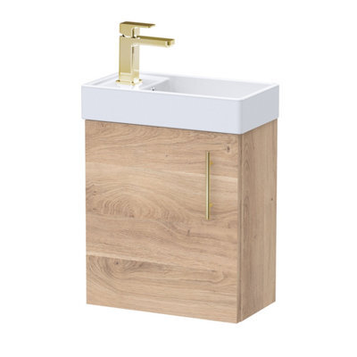 Balterley Wall Hung Vanity Basin 400mm Bleached Oak & Brushed Brass Handle - image 1