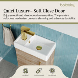 Balterley Wall Hung Vanity Basin 400mm Bleached Oak & Brushed Brass Handle - thumbnail 3