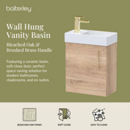 Balterley Wall Hung Vanity Basin 400mm Bleached Oak & Brushed Brass Handle - thumbnail 2