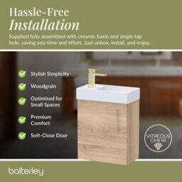 Balterley Wall Hung Vanity Basin 400mm Bleached Oak & Brushed Brass Handle - thumbnail 7